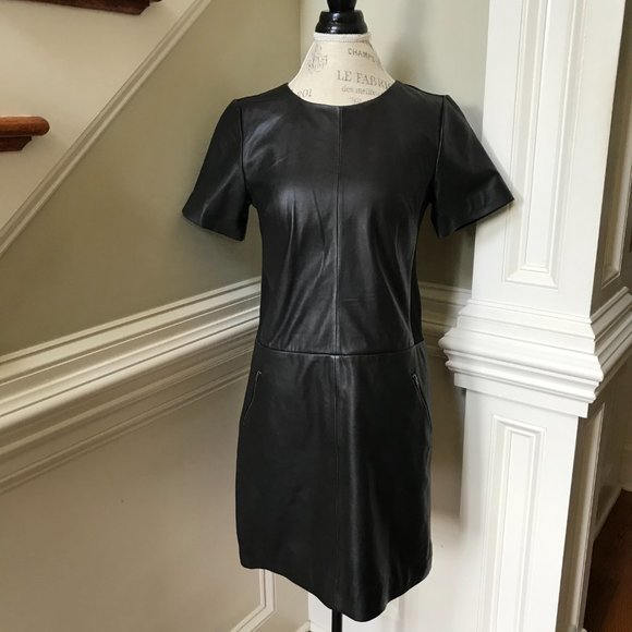 Halogen Leather Ponte Knit Shift Dress Womens Small Black Short Sleeve Crew Neck - Picture 3 of 13